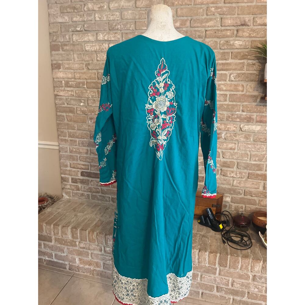 Embroidered Teal Floral Kurta Tunic Dress Lace Hem Boho Cottagecore - Picture 4 of 5